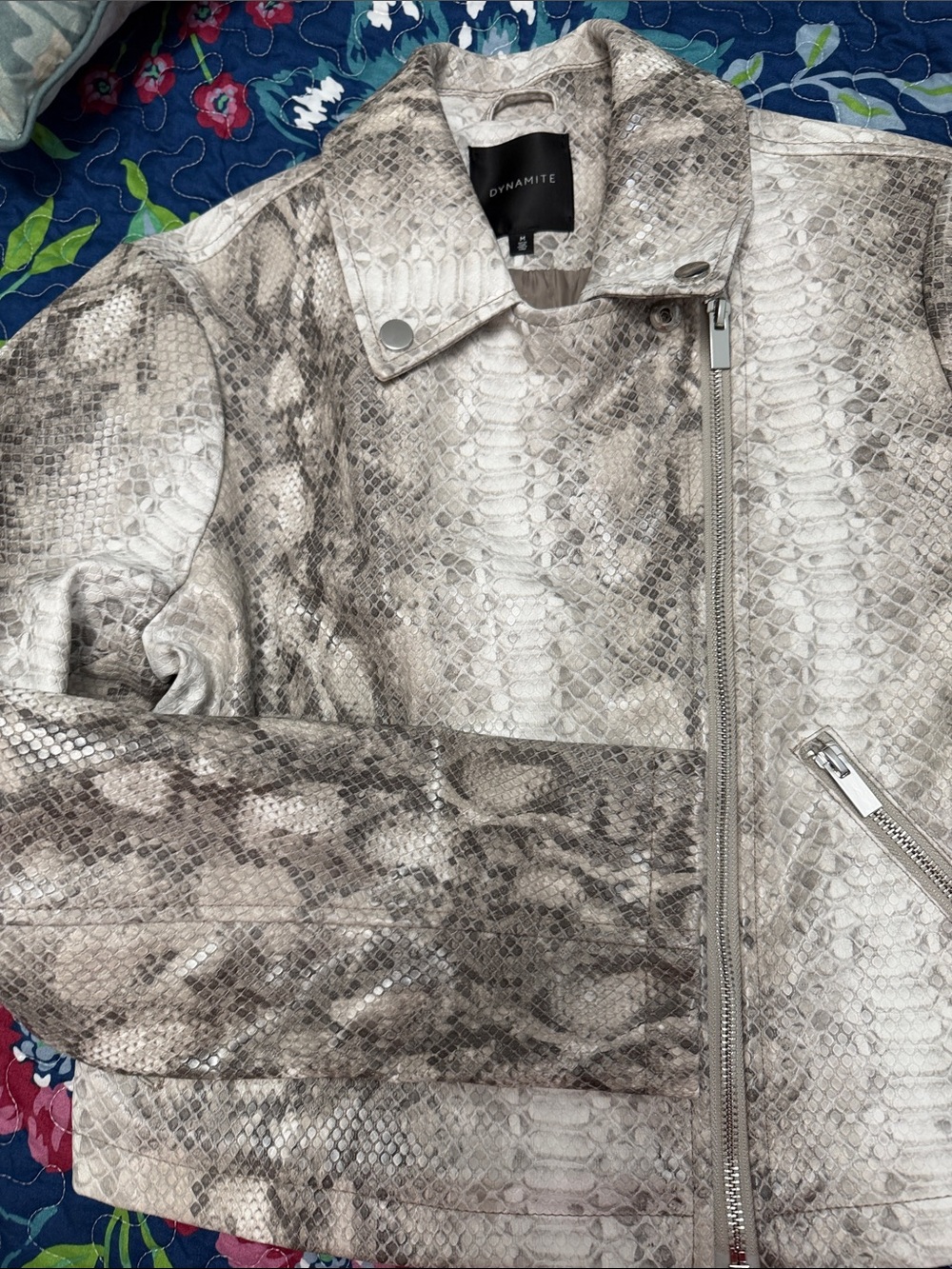 Dynamite Women's Snake-Print Moto Jacket in Neutral Beige & Gray